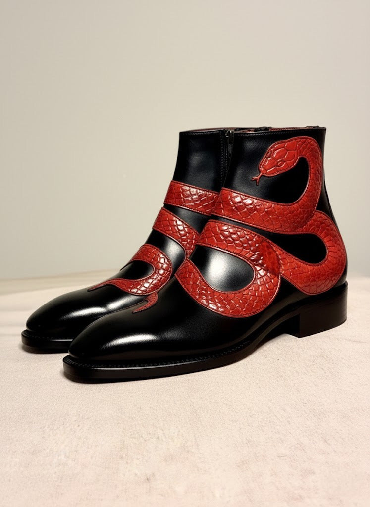 Men's black and red python zipper boots in genuine snakeskin