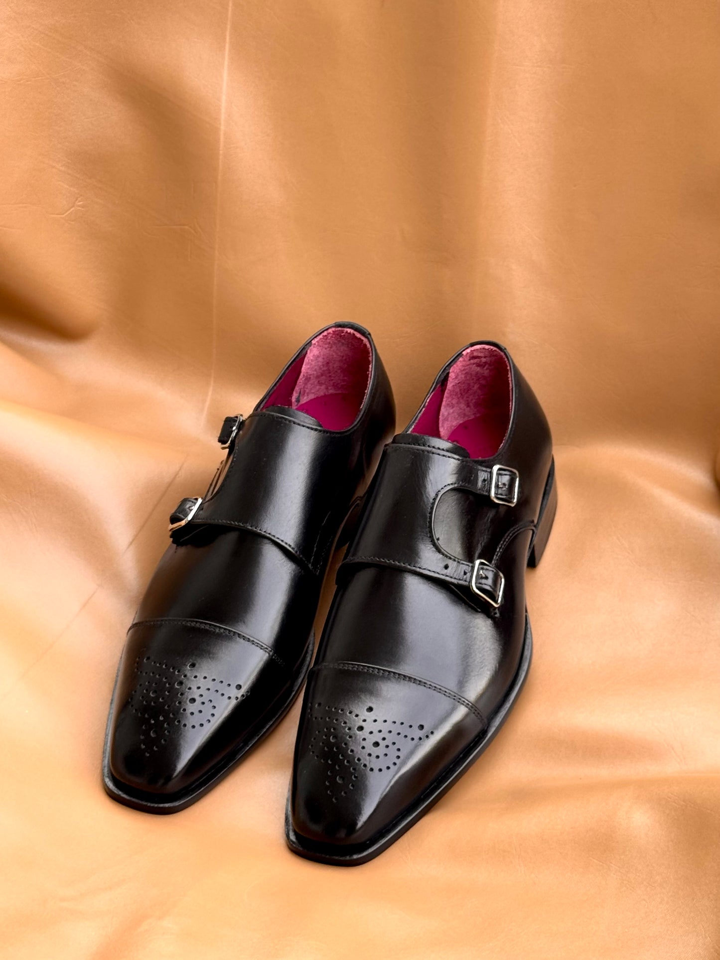 Black semi brogue double monkstrap
