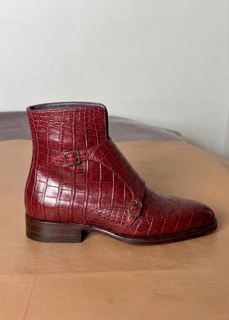 Red crocodile monks-strap boots