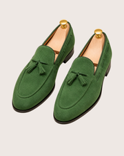 Green suede tassel loafers