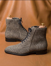 Gray handwoven suede boots