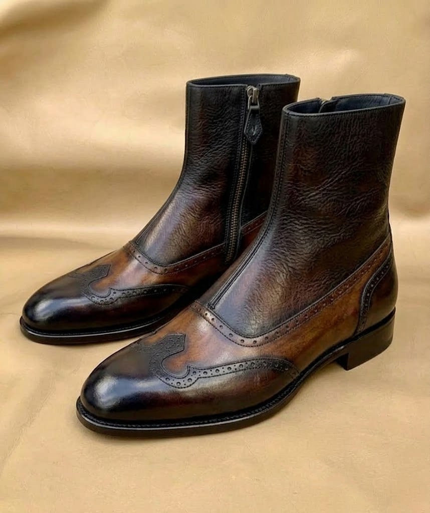 Brown patina zipper boots