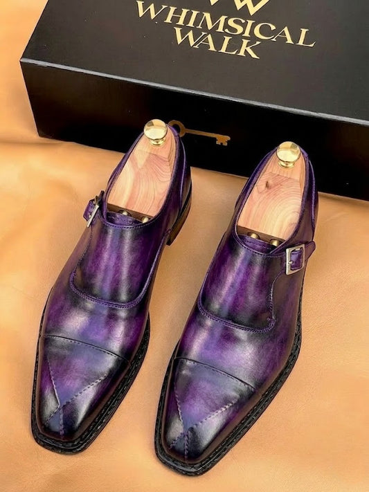 Purple patina cross stitched toe monkstrap