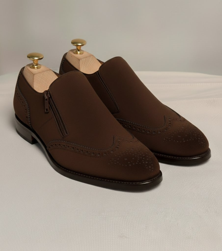 Dark brown suede zipper brogue