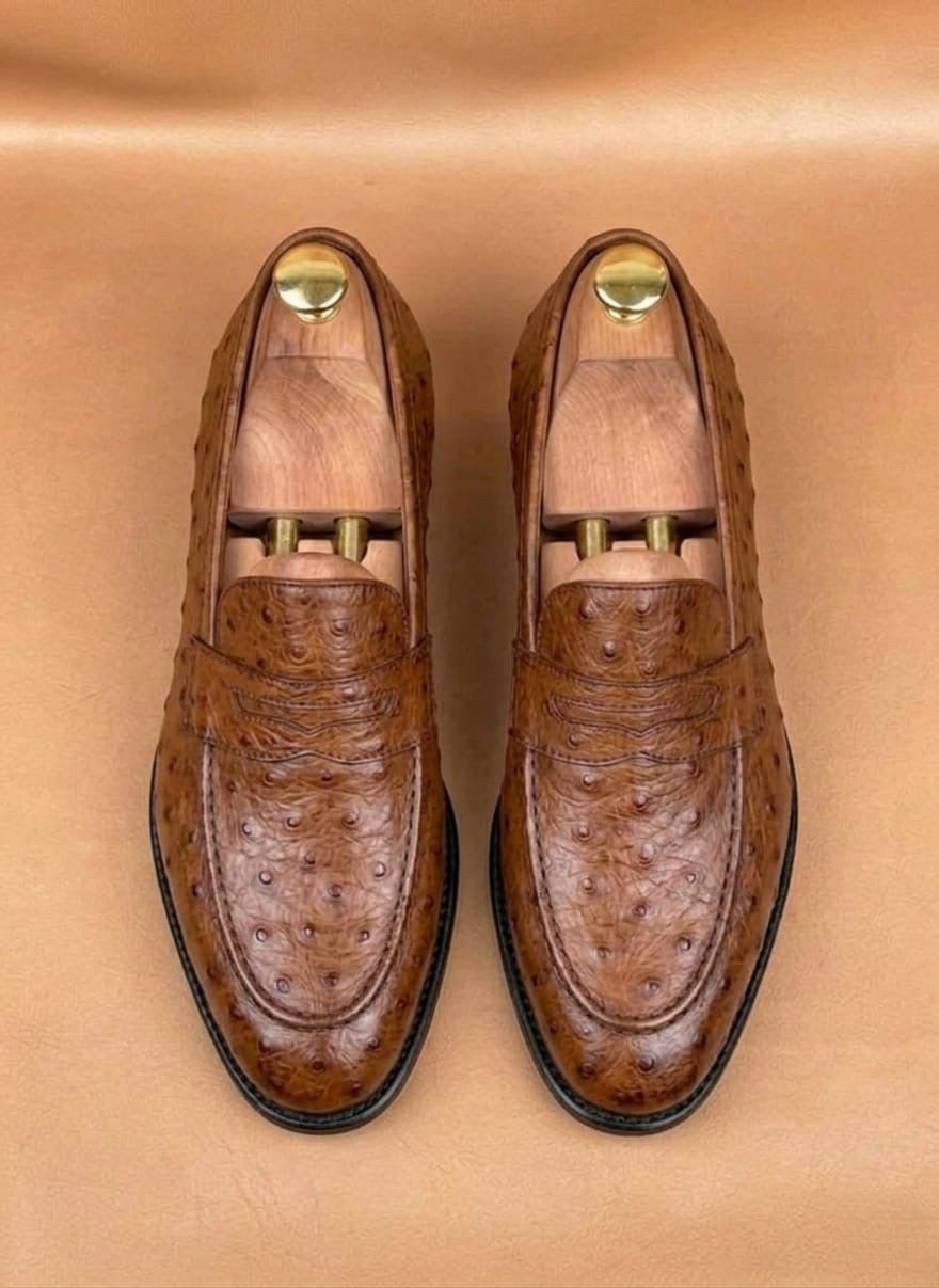 Brown ostrich skin loafers