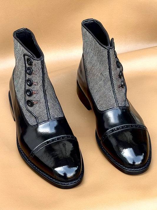 Black norwegian stitch button boots