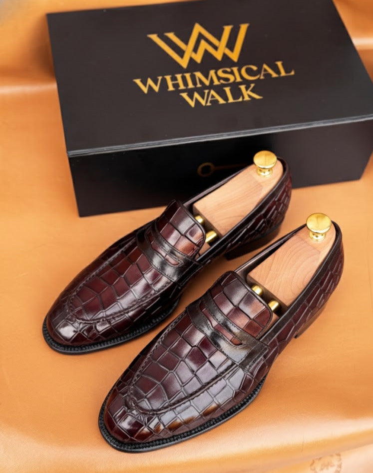 Burgundy crocodile penny loafer