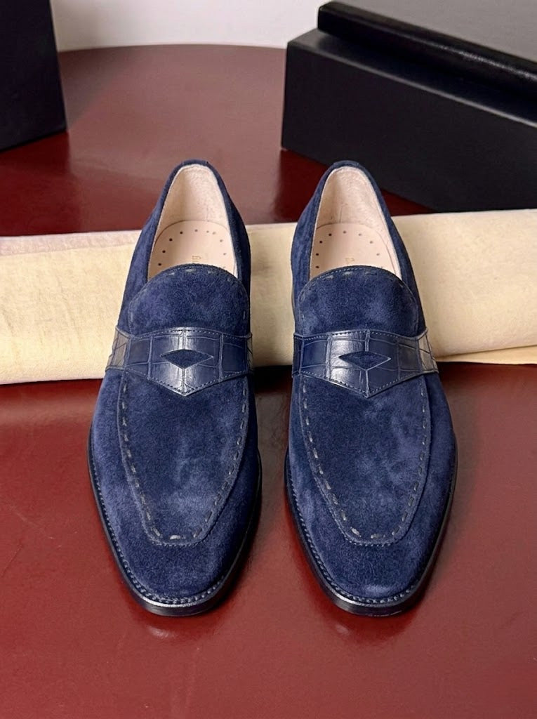 Blue suede penny loafers