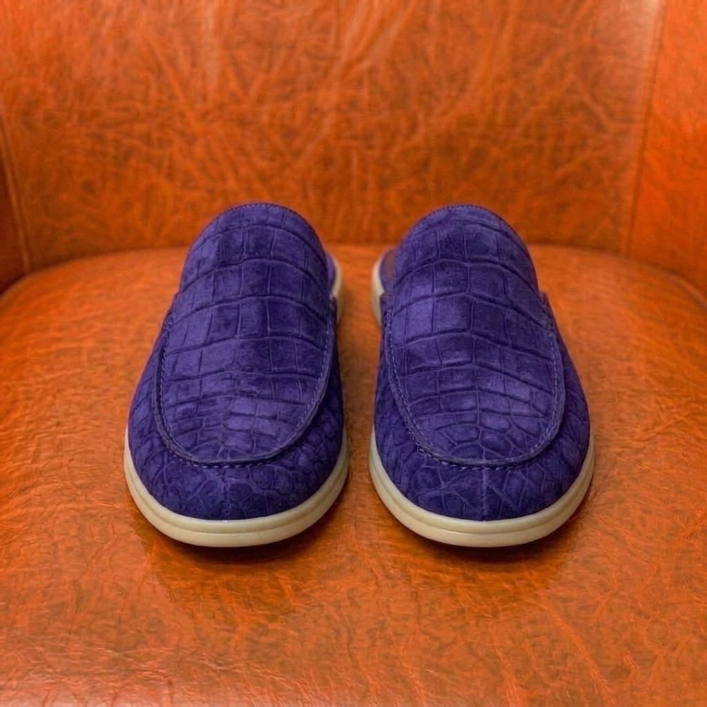 Purple nu buck crocodile mule