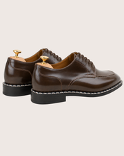 brown norwegian stitch derby shoes with split toe apron, handmade