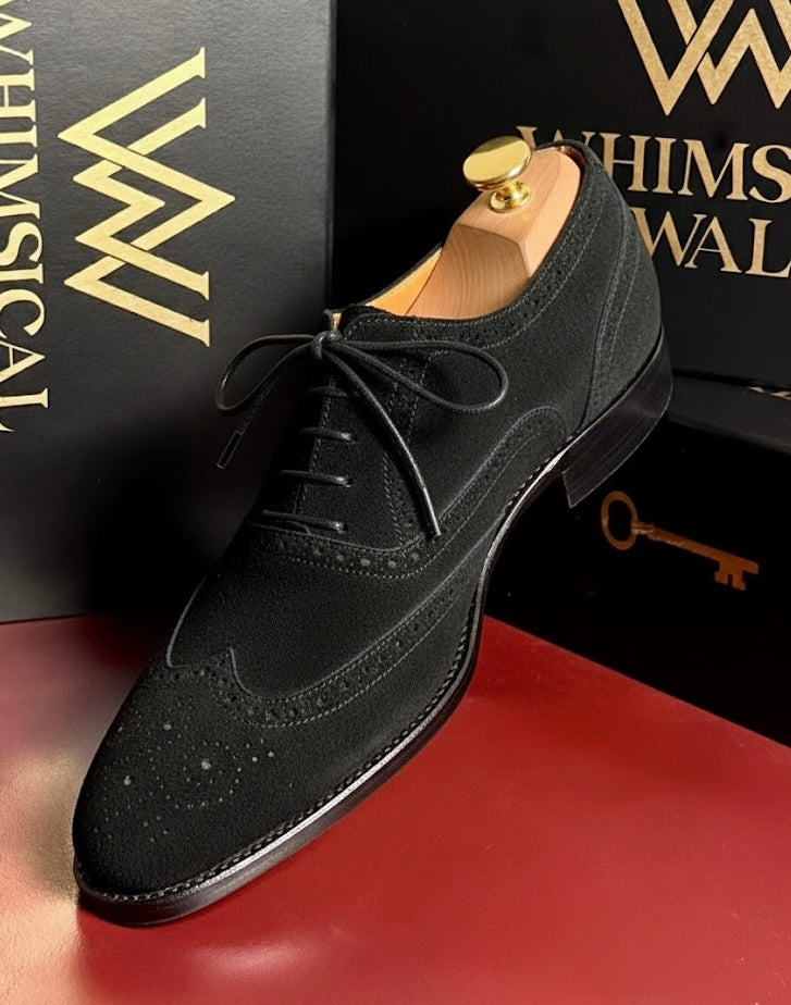 Black suede leather wingtip oxford