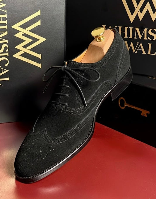 Black suede leather wingtip oxford