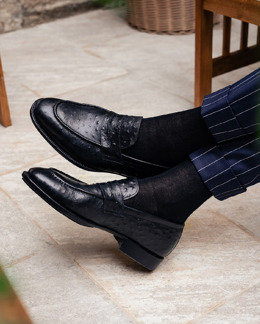 Black ostrich skin penny loafers