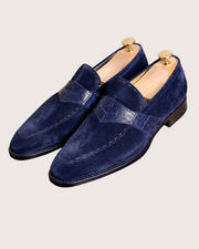 Blue suede penny loafers