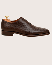 Toe of dark brown ostrich oxford showing crown hide quill placement