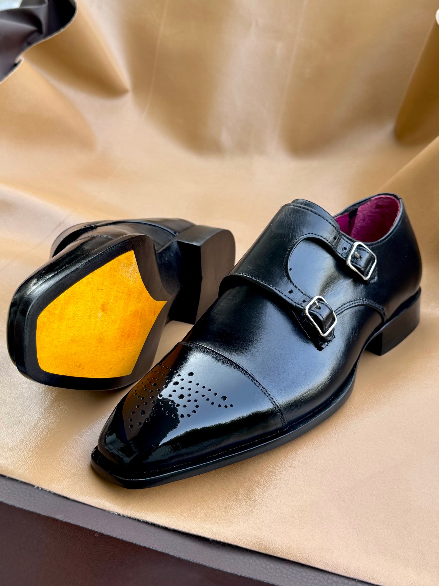 Black semi brogue double monkstrap