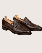 dark brown ostrich loafers for men, genuine quill leather, handmade