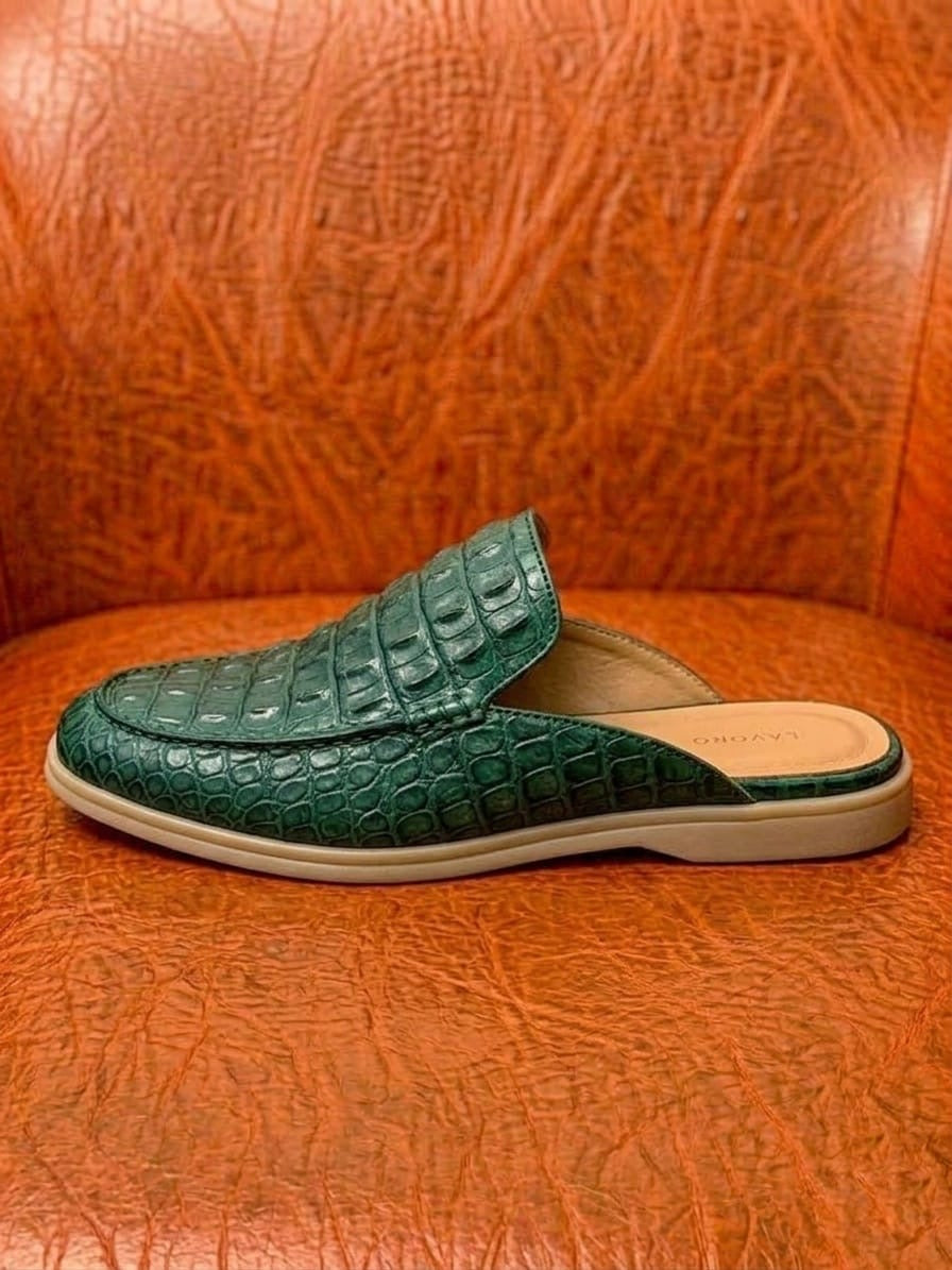 Green crocodile mules