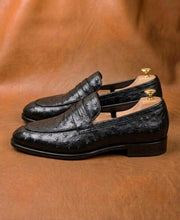 Black Ostrich Skin Penny Loafers for Men