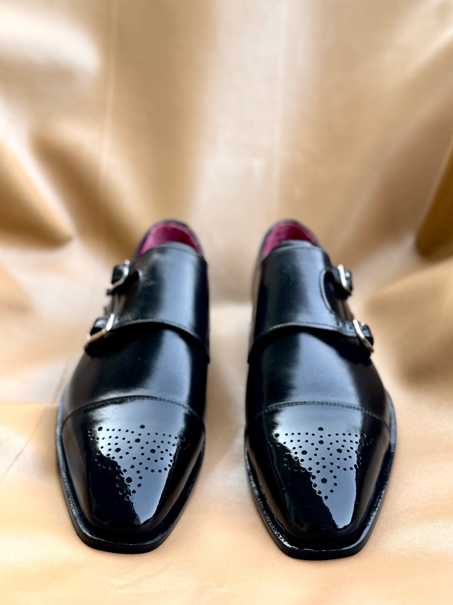 Black semi brogue double monkstrap