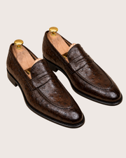 dark brown ostrich loafers for men, genuine quill leather, handmade