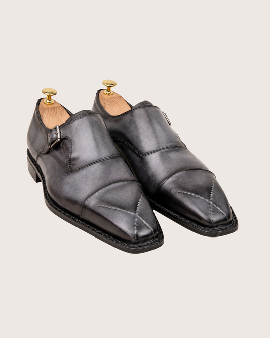 Gray patina cross stitched monkstrap