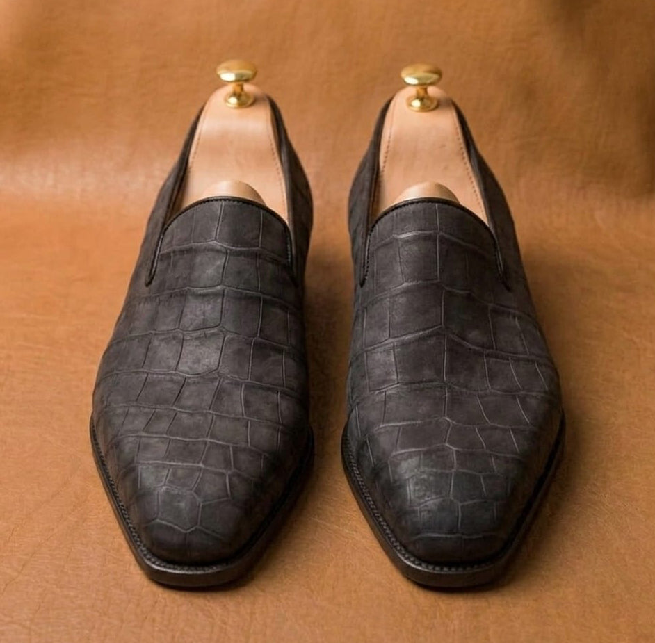 Black Crocodile Nubuck Loafers