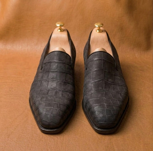 Black Crocodile Nubuck Loafers