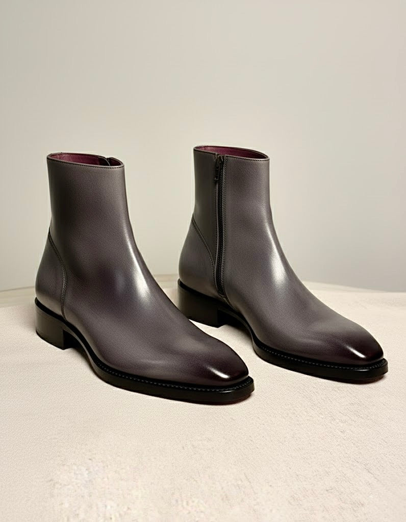 Gray patina zipper boots