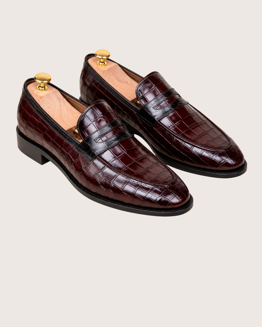 Burgundy crocodile penny loafer