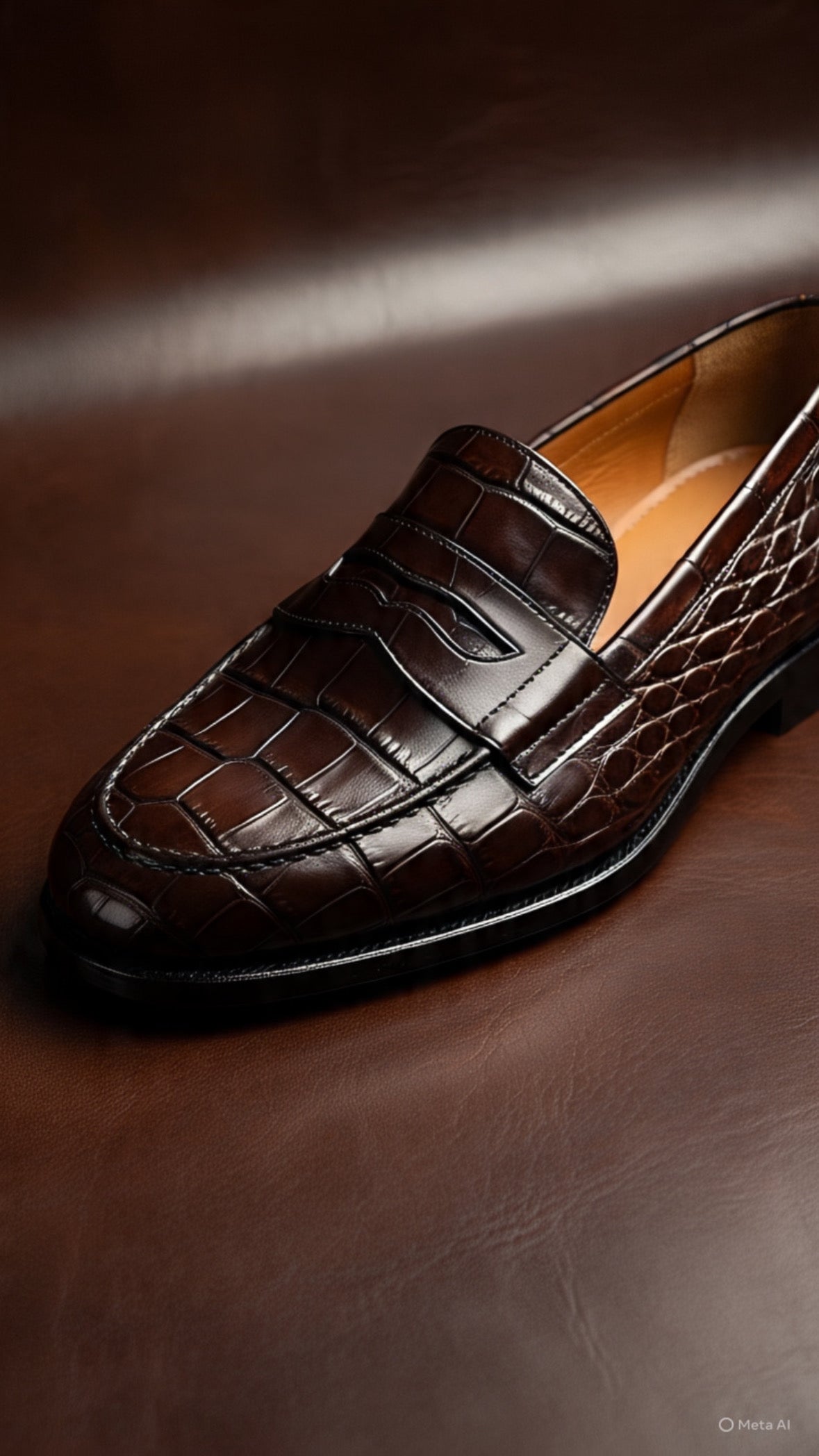 Brown crocodile penny loafers