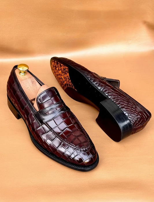 Burgundy crocodile penny loafer