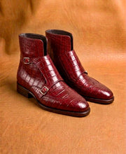 red crocodile monk strap boots for men, genuine skin, handmade