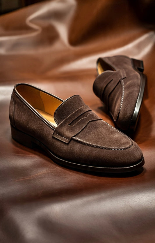 Brown suede leather penny loafers