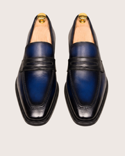 Blue patina penny loafers