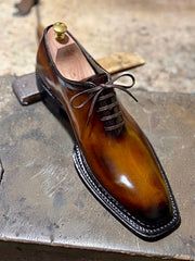 Tan burnished toe triple welt oxford