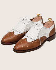 two tone spectator kiltie brogues in tan and white, handmade