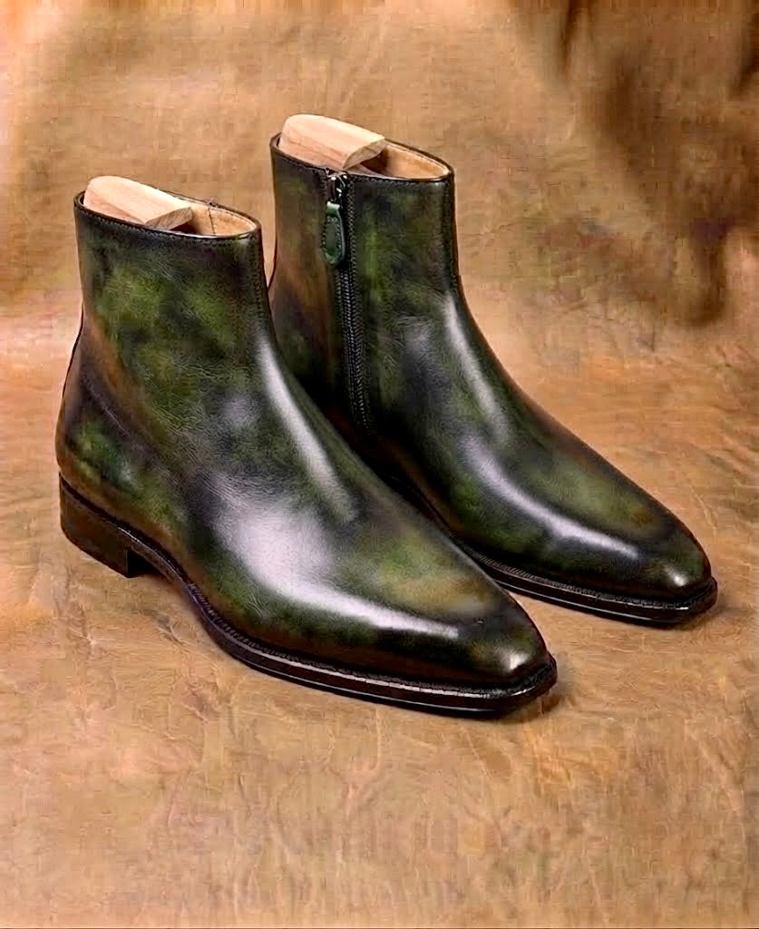 Olive Green Patina Zipper Boots