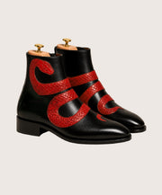 Men's Black and Red Python Zipper Boots
