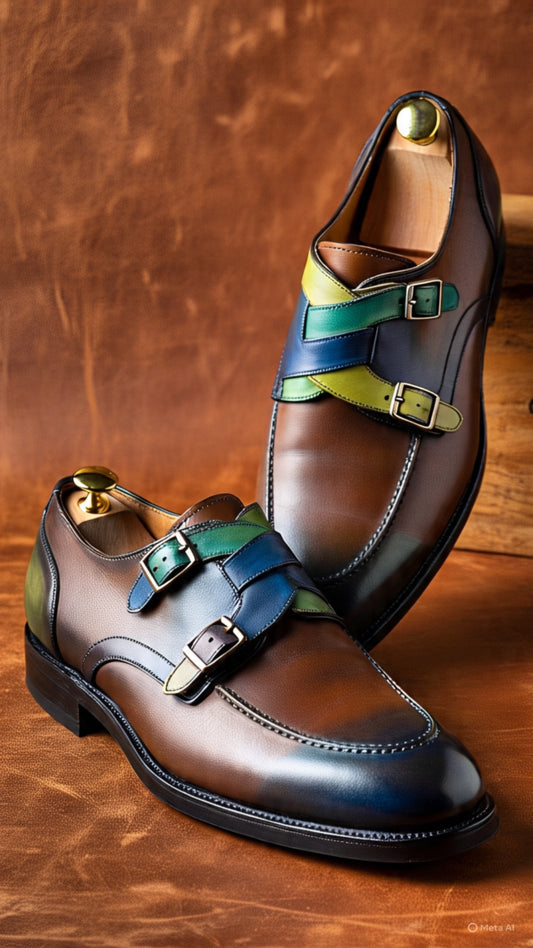 Brown monks with triple colour straps