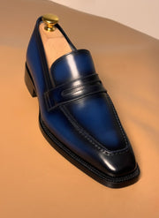 Blue patina penny loafers