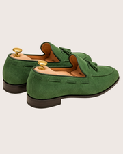 Green suede tassel loafers