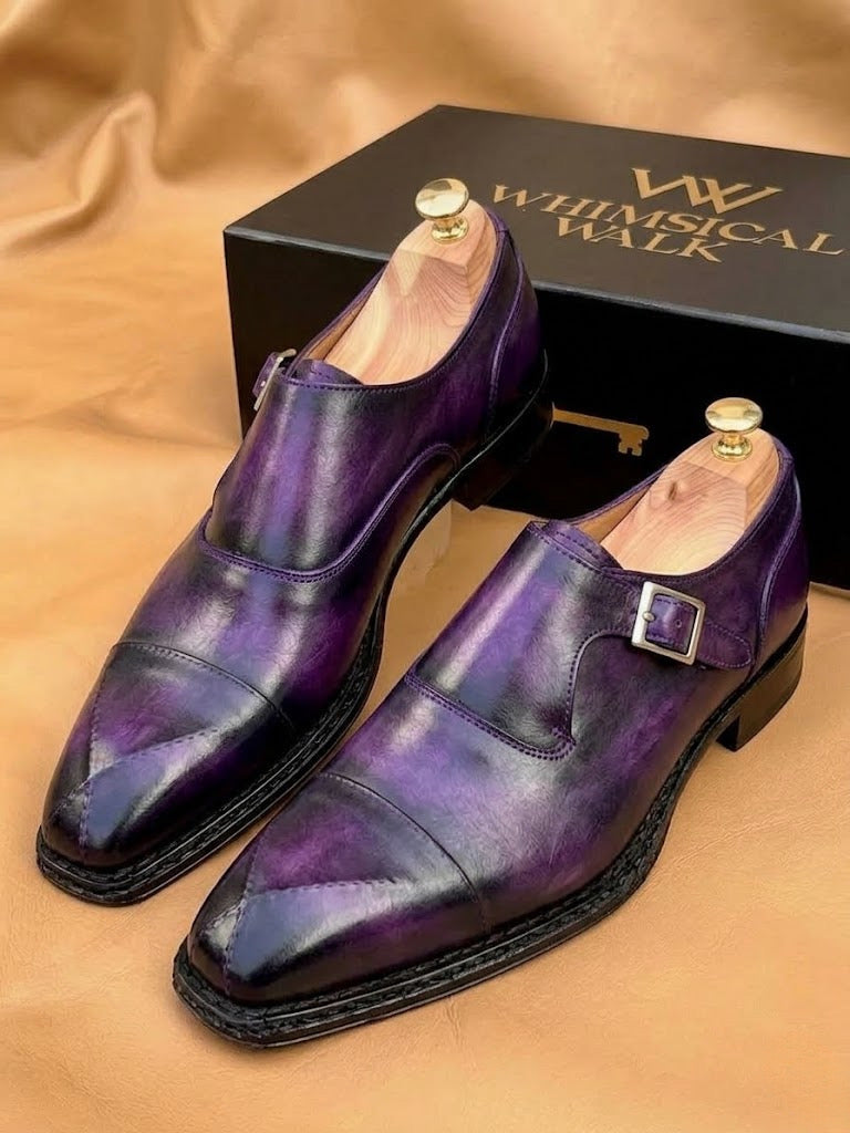 Purple patina cross stitched toe monkstrap