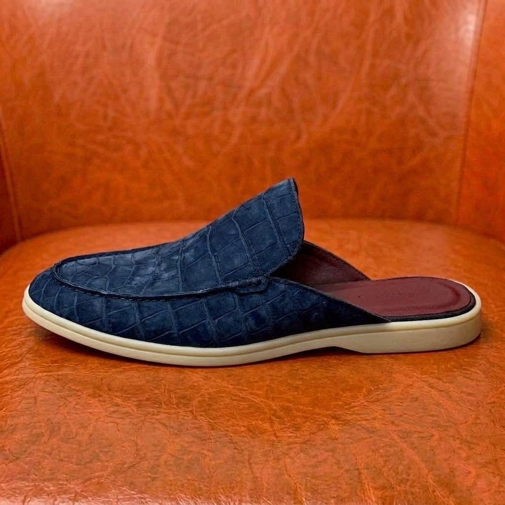 navy blue nubuck crocodile mule for men, handmade backless loafer