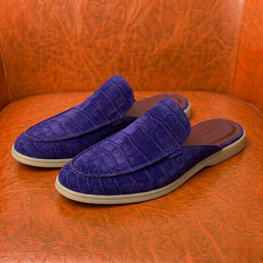 purple nubuck crocodile mule for men, handmade backless loafer