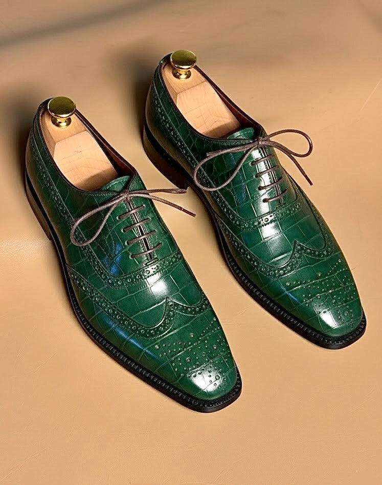 Green crocodile wingtip oxford
