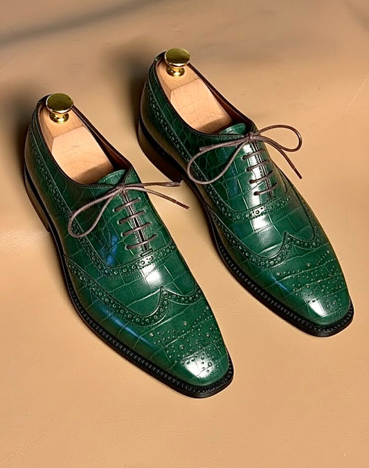 Green crocodile wingtip oxford