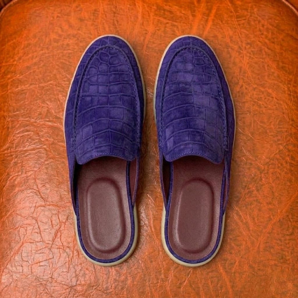 Purple nu buck crocodile mule