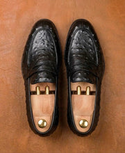 Black Ostrich Skin Penny Loafers for Men