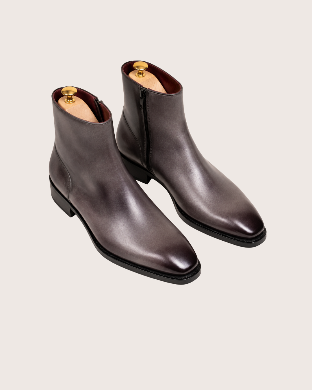 Gray patina zipper boots